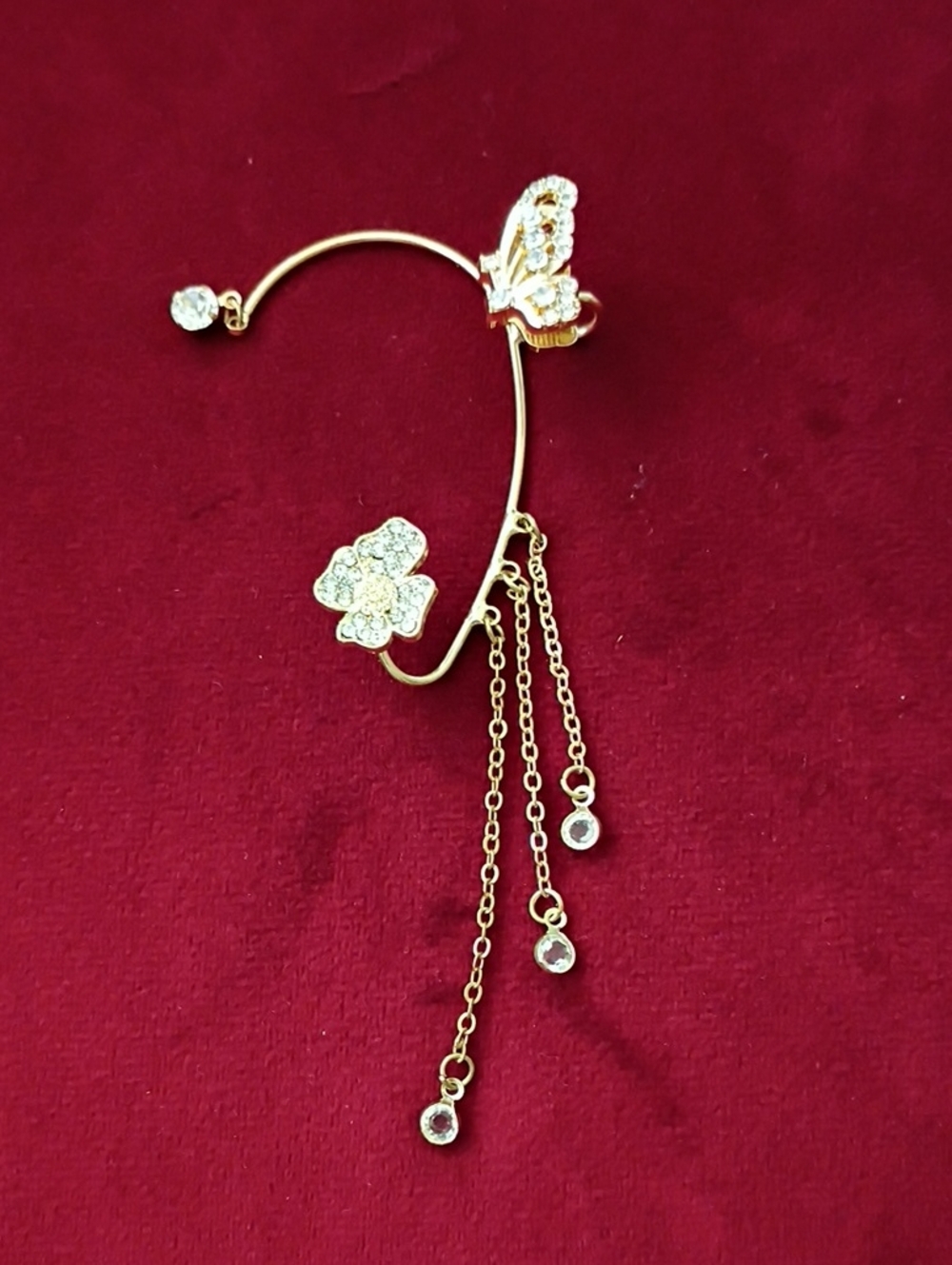Gold Floral Butterfly Dangle Ear Cuff with Crystal Drops